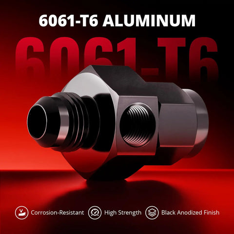 6AN Male Flare To Minus Six Female Swivel Fuel Pressure Takeoff Fitting Adapter Aluminum With One Eighth Inch NPT Gauge Port