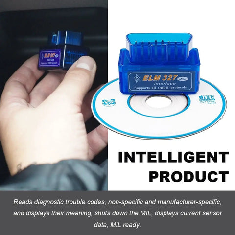Hand holding OBD II Bluetooth Car Diagnostic Scanner with ELM327 Code Reader and CD for Android and iOS