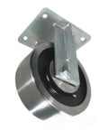 8 Inch Kingpinless Rigid Caster Forged Steel Wheel 18000 Lb Load Capacity with black wheel and metallic bracket.