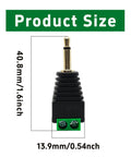 Close-up of a 3.5mm stereo audio jack adapter with size dimensions for easy installation in audio setups.