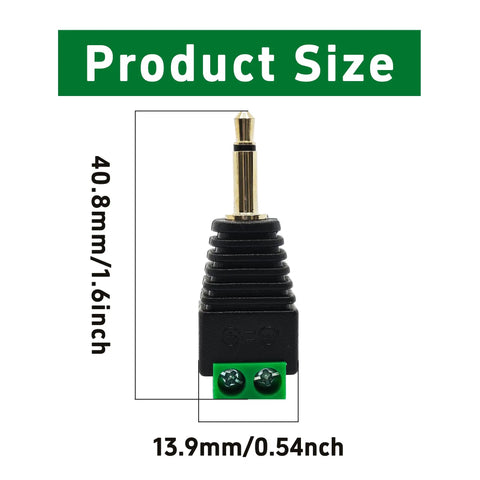 Close-up of a 3.5mm stereo audio jack adapter with size dimensions for easy installation in audio setups.