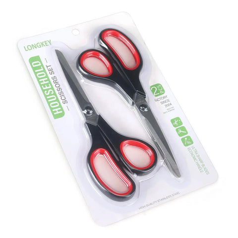 8.5 Inch All Purpose Scissors Set With Stainless Steel Blades, Sharp And Durable Pro Grade Heavy Duty Do It All Multi Purpose Shears, 2 Pack For Kitchen, Craft, Office Tasks And Sewing, packaged 2-piece set with black and red handles