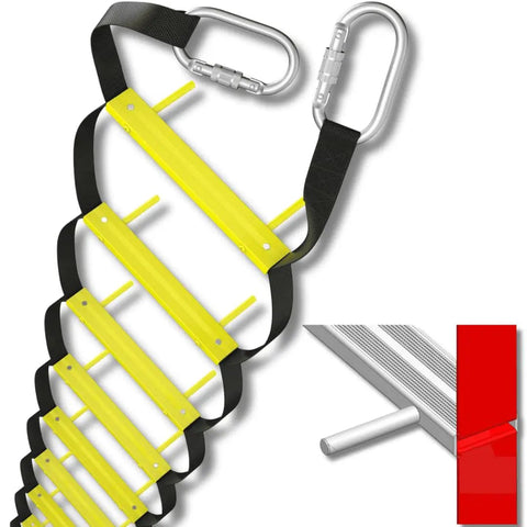 13 Ft Rope Emergency Ladder for Two Story Homes with yellow gentle rungs and metal hooks, foldable for quick deployment and easy storage.