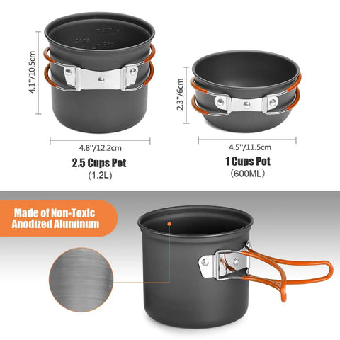8 Piece Camping Cookware Mess Kit With Mini Backpack Stove All In One Nonstick Pots Stainless Spork Foldable 14 Oz Mug Tank
