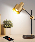 Sleek Desk Lamp With Wireless Charging And USB Port Swing Arm Brass Metal And Wood Nightstand Light Mid Century Modern Reading Lamp