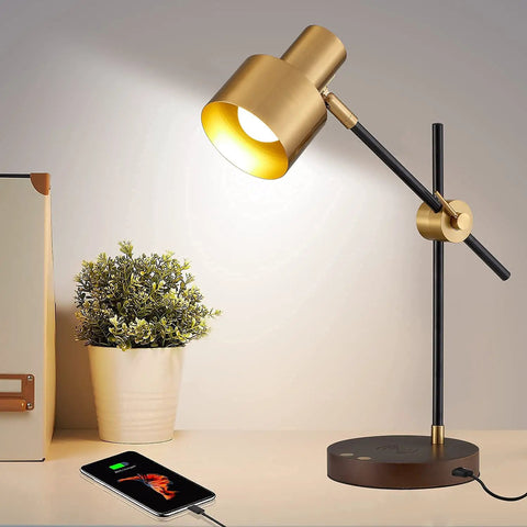 Sleek Desk Lamp With Wireless Charging And USB Port Swing Arm Brass Metal And Wood Nightstand Light Mid Century Modern Reading Lamp
