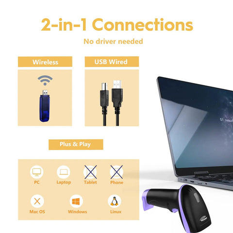 Long Range Wireless 1D Barcode Scanner With USB Receiver, No Cords Needed Laser Handheld Reader, USB and wireless options shown