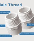Two Pack One And A Half Inch PVC Male Thread Fittings With Slip Socket Two Way Pipe Couplers For Schedule Forty PVC White