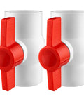 Rock Solid 2 Inch Sch40 Pvc Ball Valves Two Pack with red T handles for easy water flow control in outdoor plumbing.