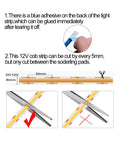 Instructions showing how to cut Ice Blue COB LED Strip Lights 12V 5M 320 LEDs Per Meter Ultra Bright Flexible Tape 8mm  for DIY projects.