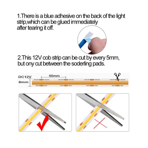 Instructions showing how to cut Ice Blue COB LED Strip Lights 12V 5M 320 LEDs Per Meter Ultra Bright Flexible Tape 8mm  for DIY projects.