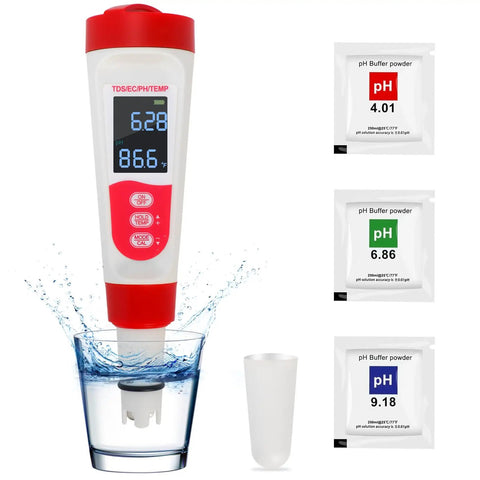 4 In 1 Pool Water Tester With PH EC TDS And Temperature LCD Display with buffer powders and calibration cup