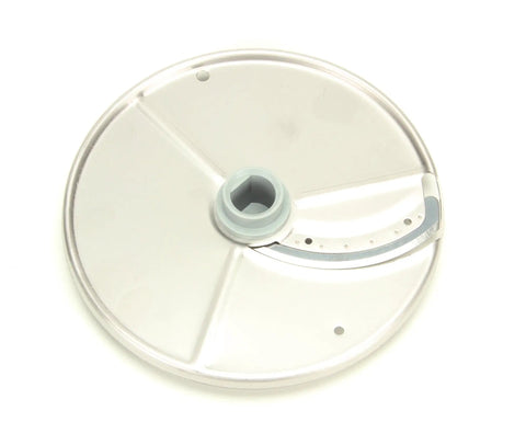 Pro Grade Slice Plate For Commercial Food Processor 6mm Model 27786 OEM Replacement Part, silver round slicing plate with central hub.