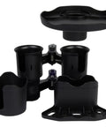 Heavy Duty Black Portable Clamp On Cup Holder And Versatile Dual Drink Caddy with secure clamp design for beverages.