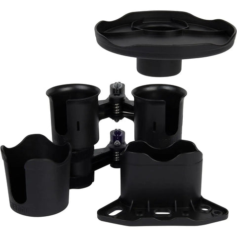 Heavy Duty Black Portable Clamp On Cup Holder And Versatile Dual Drink Caddy with secure clamp design for beverages.