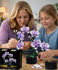 Mother and daughter assembling Purple Orchid Building Block Set With Vase, 619 Pieces, Phalaenopsis Floral Model Kit
