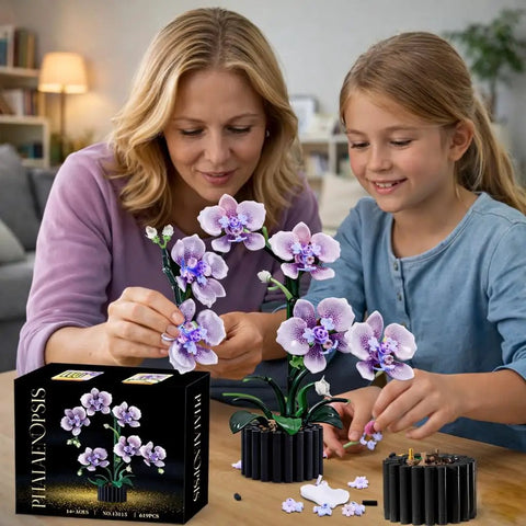 Mother and daughter assembling Purple Orchid Building Block Set With Vase, 619 Pieces, Phalaenopsis Floral Model Kit