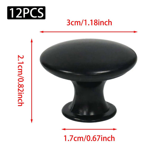12 Pack Antique Black Round Cabinet Knobs With Screws For Kitchen Cupboard Doors; shown with measurements 3cm diameter