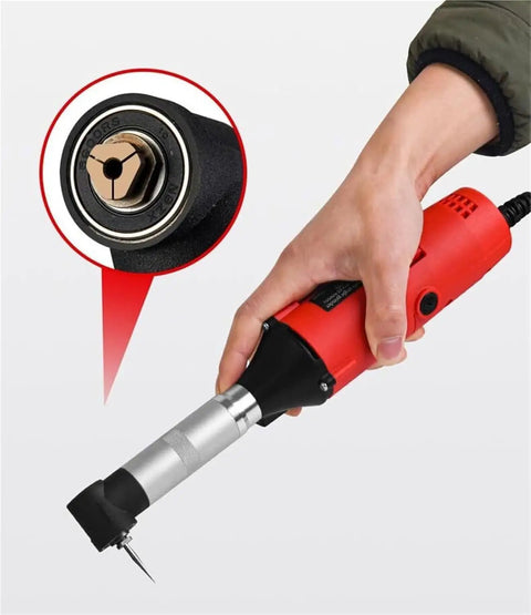 350W Right Angle Die Grinder Offering Variable Speed Up To 15000 RPM for grout removal, held in hand showcasing the chuck detail.