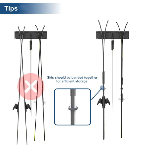 Garage Ski Wall Rack Holds 2 Pairs Of Skis With Adjustable Rail, Keeps Gear Off Floor, mounted with skis and poles.