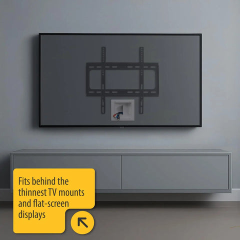 Recessed Low Voltage Media Wall Plate With Built In Duplex Outlet And Cable Management For TV Wall Mounts in white, behind TV.