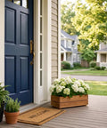 Premium Acacia Wood Planter Box With Crate Style Design Built To Last, Go To Garden Must Have For Flowers Decor And Storage, Rustic Rectangle Plant Container on porch with white flowers