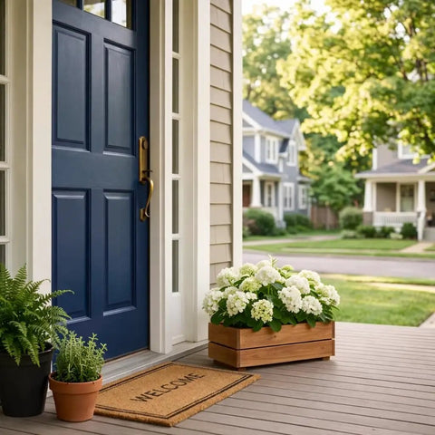 Premium Acacia Wood Planter Box With Crate Style Design Built To Last, Go To Garden Must Have For Flowers Decor And Storage, Rustic Rectangle Plant Container on porch with white flowers