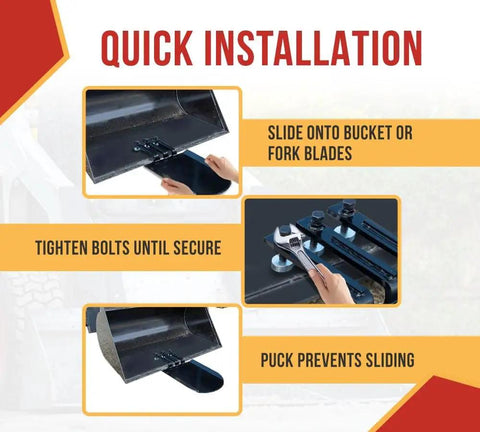 Beefy Clamp On Quick Spade Combo Blade for tractor buckets installation process showing bolts, securing, and sliding prevention