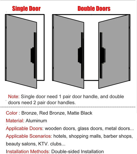 Diagram of Heavy Duty Solid Aluminum Door Handle Set for single and double doors, showing double-sided push pull design.
