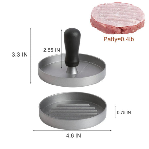 Burger Press With 150 Patty Papers Nonstick Patty Maker For Grillin Burgers On The Grill Or Stove Aluminum Patty Press For Home Barbecue Cooking At Home Grilling showing open view with dimensions, removable handle and 0.4lb patty size.