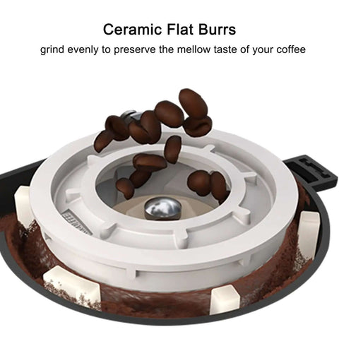 Ceramic flat burrs used in Automatic Espresso Machine With Auto Clean And LatteGo Milk System, Delivers Americano And Cappuccino, Silky Frothed Milk, 24 Coffee Drink Options For Office, Hotel Or Convenience Store Use, Silver Finish.