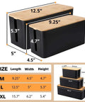 Two Pack Cable Management Box With Bamboo Lid, Large Wires Organizer, M and L sizes with dimensions displayed, black color.