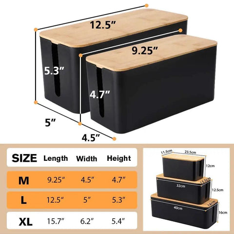 Two Pack Cable Management Box With Bamboo Lid, Large Wires Organizer, M and L sizes with dimensions displayed, black color.