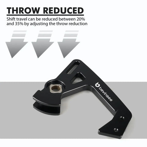Adjustable short shifter arm for 6-speed manual transmissions, CNC machined aluminum, reduces throw distance.