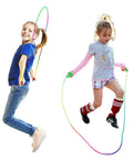 Two kids playing with the Rainbow Jump Rope Set For Kids, 10 Durable Nylon Skipping Ropes, Vibrant Safe Jump Ropes For Girls And Boys, Perfect For PE Class And Home Workouts, 7.2 Feet Each.