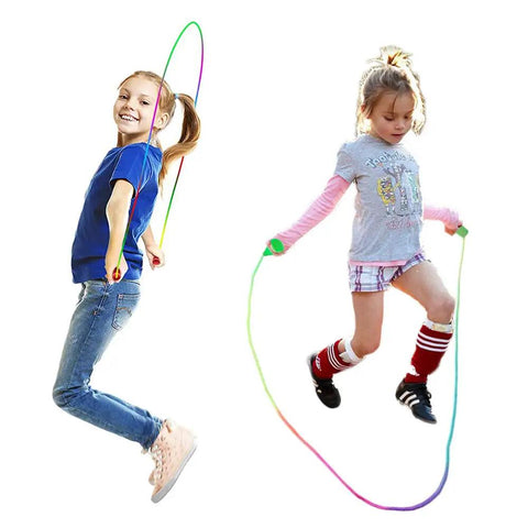 Two kids playing with the Rainbow Jump Rope Set For Kids, 10 Durable Nylon Skipping Ropes, Vibrant Safe Jump Ropes For Girls And Boys, Perfect For PE Class And Home Workouts, 7.2 Feet Each.