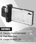 Close-up of Mass Air Flow Sensor Meter For Cars OEM 22680-7S00A 22680-7S000 with text about features.