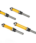Cool Flush Trim Router Bit Set With 1/4 Inch Shank Plus Heavy Duty 1/2 Cut Diameter For Smooth Wood Trimming And Professional Grade Finish, featuring four router bits.