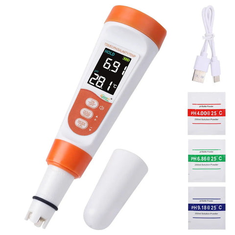 5 In 1 Digital Pool Water Tester with pH and Salinity Meter, USB cable, solution powders, high accuracy temp EC and TDS readouts