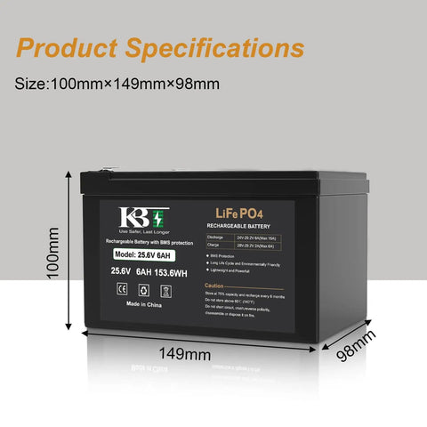 24V 6Ah LiFePO4 Deep Cycle Battery Kit With 24V Charger, product specifications and dimensions shown on battery label.