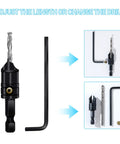 Woodworking Countersink Drill Bit Set 5 Piece 3 In 1 Chamfer Bits With Depth Adjustable M2 Pilot Bits 82 Degree Tapered Countersink One Quarter Inch Hex Shank For Clean Precise Holes And Countersinks with adjustable length shown with hex key and changeable drill components.