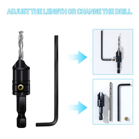 Woodworking Countersink Drill Bit Set 5 Piece 3 In 1 Chamfer Bits With Depth Adjustable M2 Pilot Bits 82 Degree Tapered Countersink One Quarter Inch Hex Shank For Clean Precise Holes And Countersinks with adjustable length shown with hex key and changeable drill components.