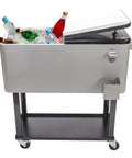 Outdoor Beverage Cooler Cart On Wheels 80 Qt Ice Chest With Iron Foot Tube Refrigeration And Insulation Double Sided Lid Bottle Opener Backyard Party Ready Patio Trolley Silver, filled with drinks on ice, side view.