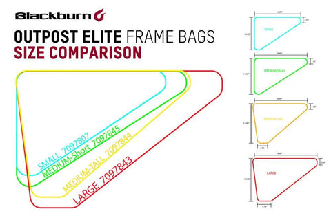 Outpost Elite Frame Bags size comparison chart showing Small, Medium Short, Medium Tall, and Large dimensions for bike frames.