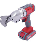Powerful 21V Electric Metal Shears With Swivel Head And Two Batteries For Cutting Iron Aluminum Steel Tile Rechargeable High Speed Shear Tool close-up view of cutting head and battery.