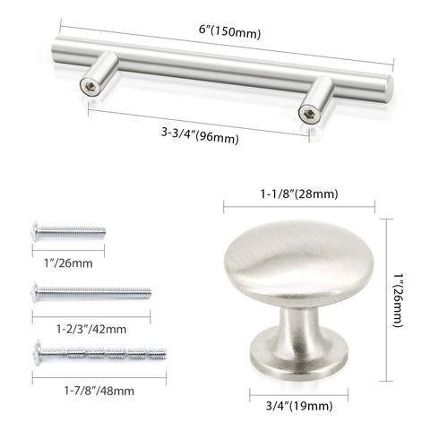 Brushed Satin Nickel Cabinet Hardware Set With 36 Handles 26 Pulls And 10 Knobs For Doors And Drawers shown with dimensions
