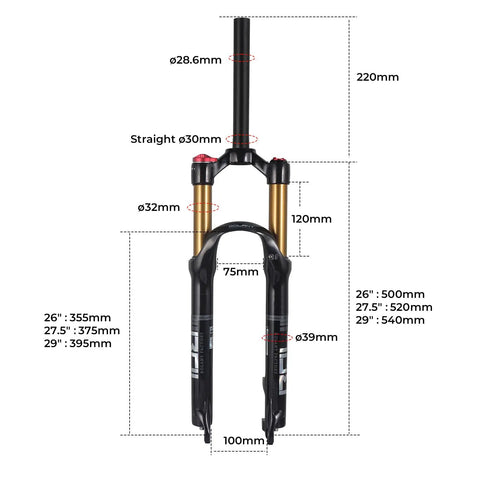 Dimensions of Dope Aluminum Mountain Bike Suspension Fork For 26 27.5 29 Inch Wheels 100mm Travel With Tapered Or Straight Steerer