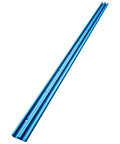 36 Inch Universal T Track With Double Cut Profile And Pre Drilled Mount Points For Zero Fuss Setup On Workbenches Table Saws And Drill Presses Featuring Rock Tight Grip And Laser Etched Measurements in blue aluminum.