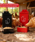 No Sweat Auto Fill Metal Chicken Grit Feeder Slick Oyster Shell Dispenser With Tight Lid, black and red units with hens feeding.