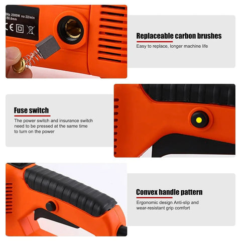 Close-up of Rock Solid Heavy Duty Electric Pipe Threader Kit, showing fuse switch and ergonomic grip for plumbing work.
